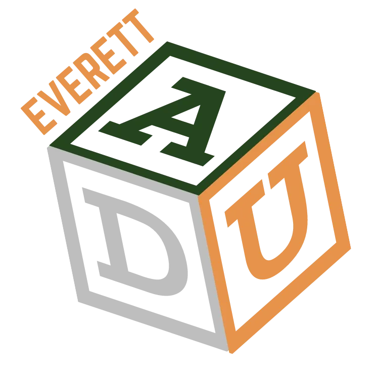 Everett ADU logo. green, gold, light gray cube